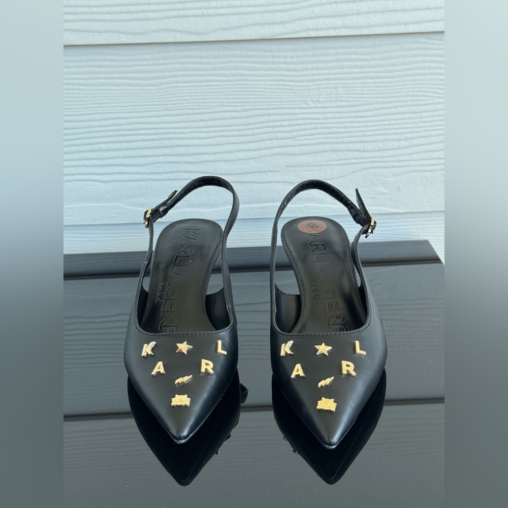 Karl Lagerfeld Black Pointed Slingback Flats with Gold Lettering
